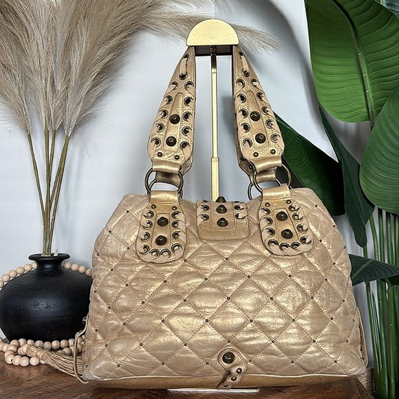 HTF Vintage BETSEY JOHNSON 💛🔐Gold Quilted Leather Padlock Bag - Picture 13 of 16